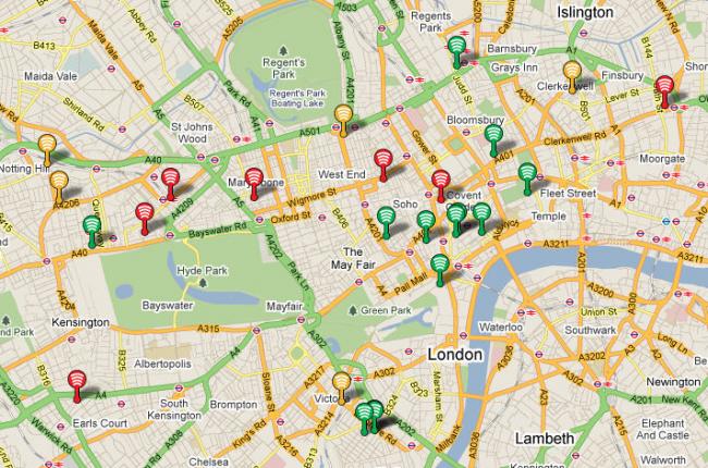 Una mappa degli hotspot WiFi di Londra, trovata